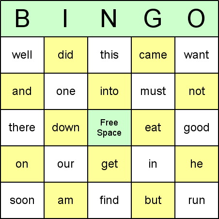 Sight Word Bingo Card